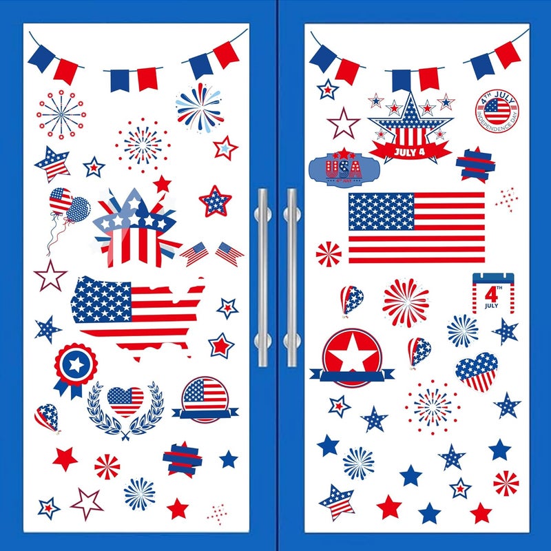 i-Beeboo 4th of July Patriotic Window Clings USA Double-Sided Window Art Decals USA Independence Memorial Day Stripes Star Fireworks Flags Balloon Decorations for Home School Office 9 Sheets (A) - Image 1